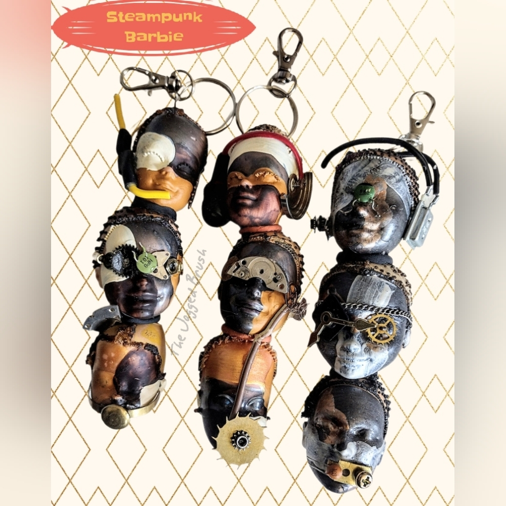⚙️ Hear See Speak No Evil Barbie Head Steampunk Keychains Fobs Purse Charms OOAK